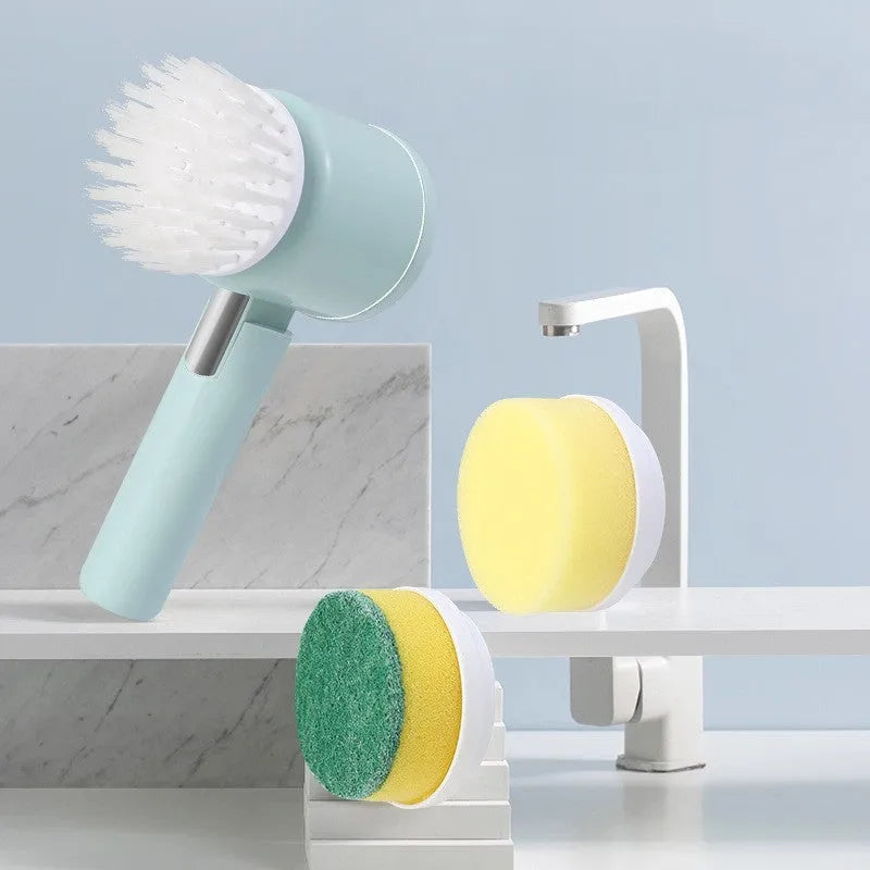 Foldable electric cleaning brush in green with three brush heads and USB charging port