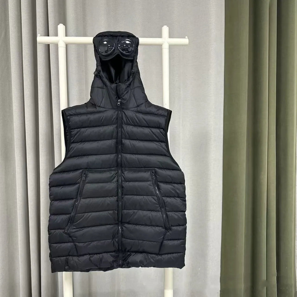 Men's loose hooded cotton vest jacket in black, side view, showing hood and zip closure