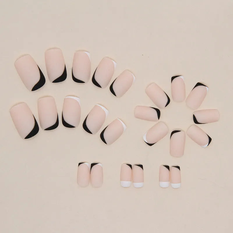 W644 black and white frosted glue false nail set for French manicure style.