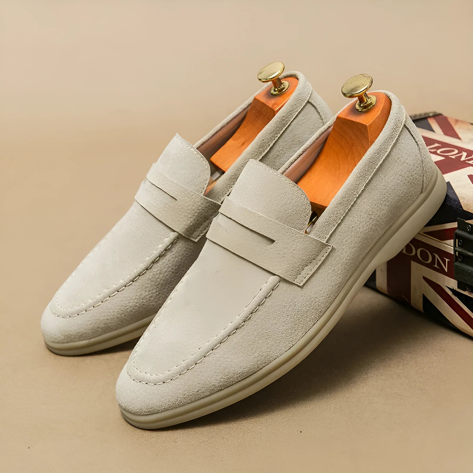 Men's beige slip-on shoes with cowhide leather upper and round toe design