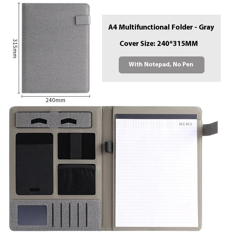 Leather A4 business folder in black, open to show 35mm thick plate and space for documents
