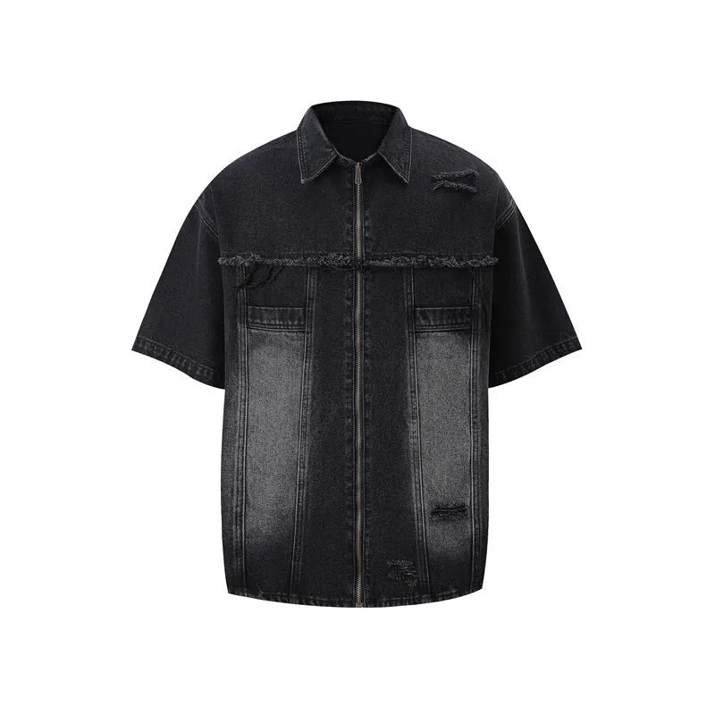 Denim overall suit matching set with short sleeve top and trousers in street style loose fit