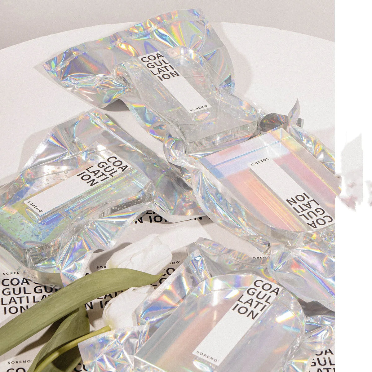 Transparent crystal vase with solidified bubble patterns on a simple modern background