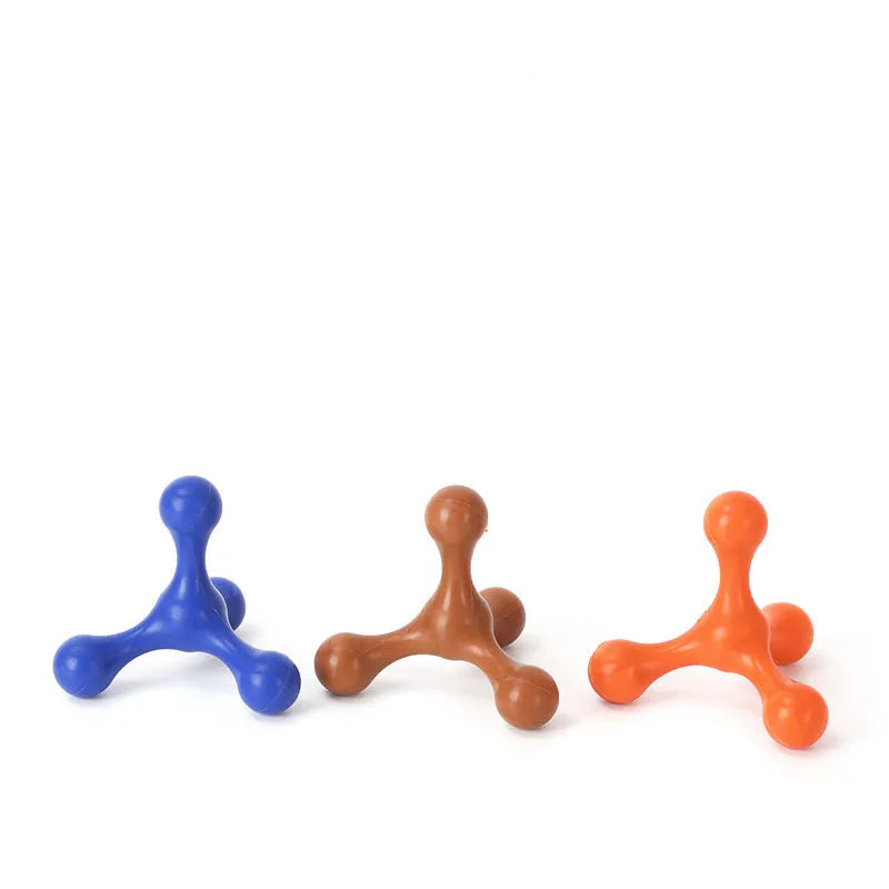 Blue silicone three-legged chew toy for puppies on a white background.
