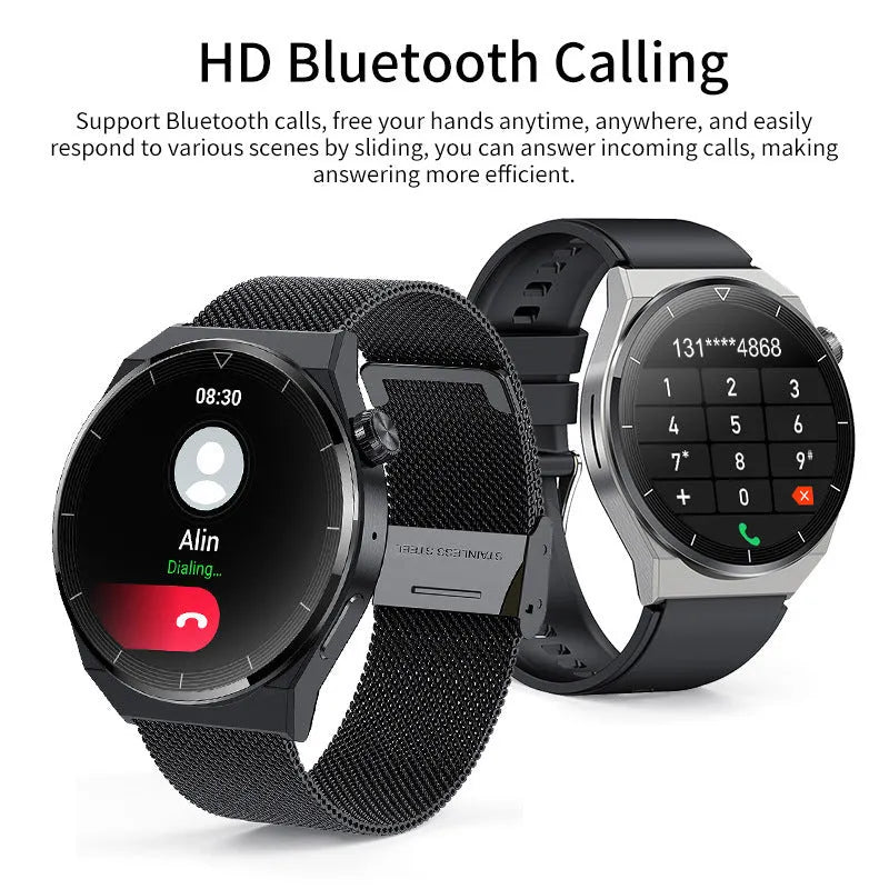 Black silicone strap smartwatch with silver case showing touch screen displaying health metrics