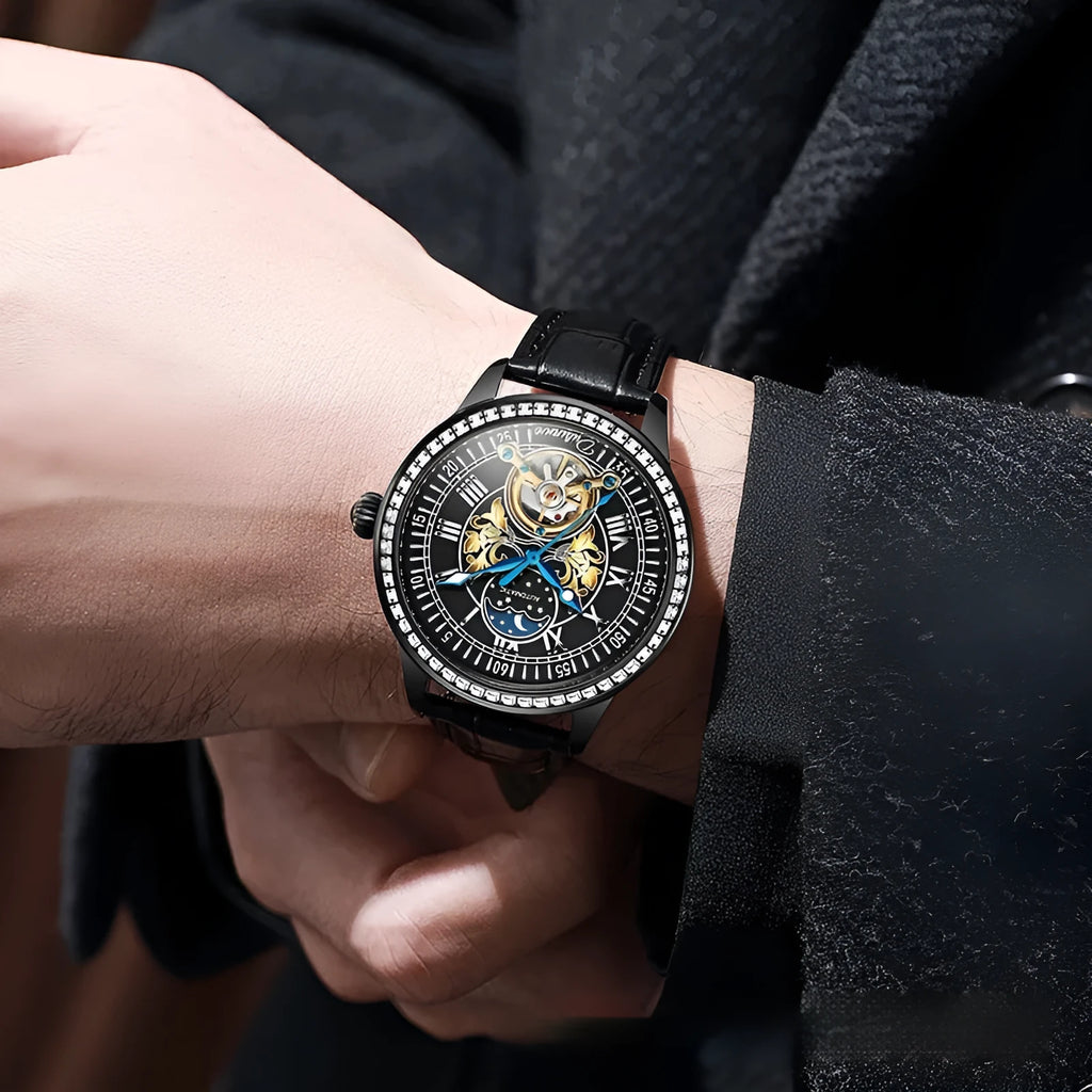Men's waterproof mechanical watch with stainless steel strap and round dial on a wrist.
