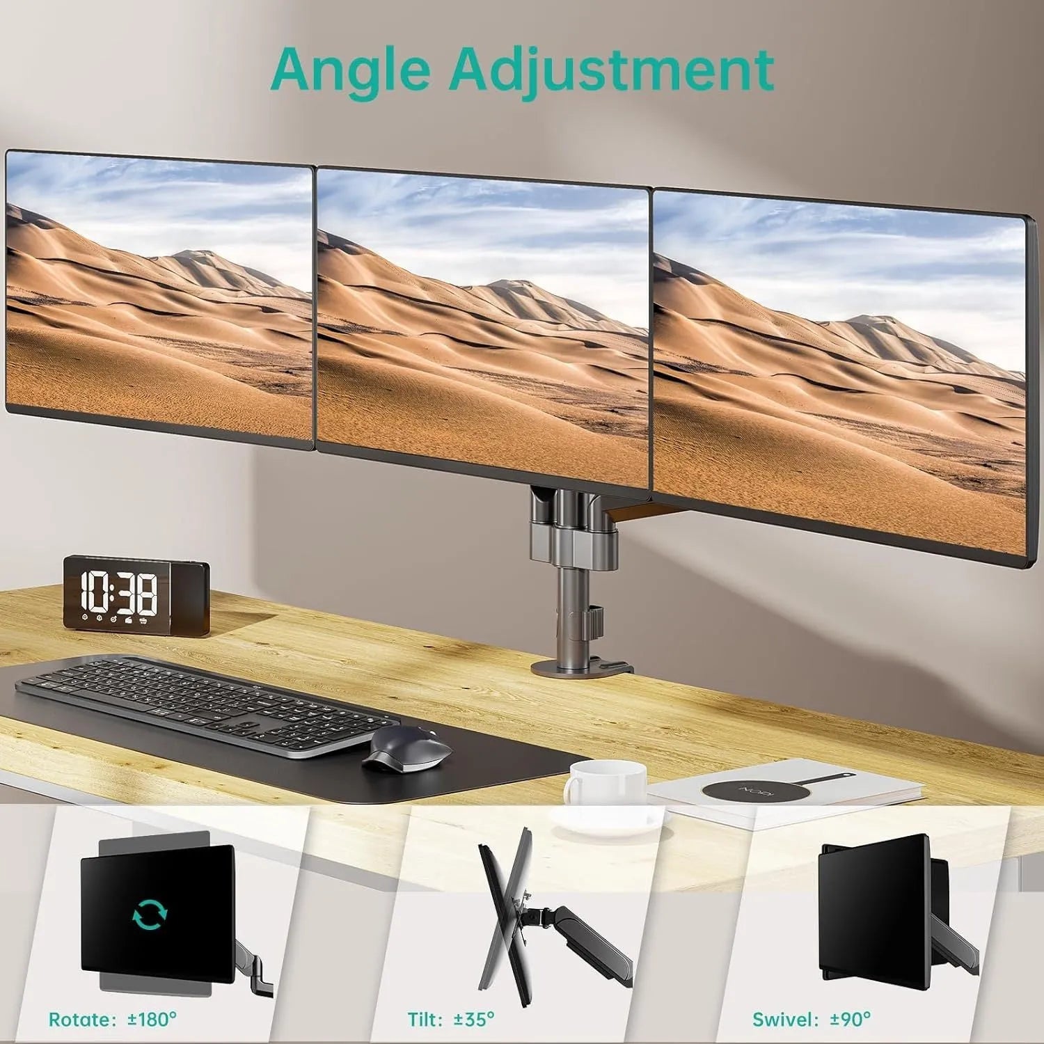 Black three-arm gas spring monitor mount for 13 to 27 inch computer screens