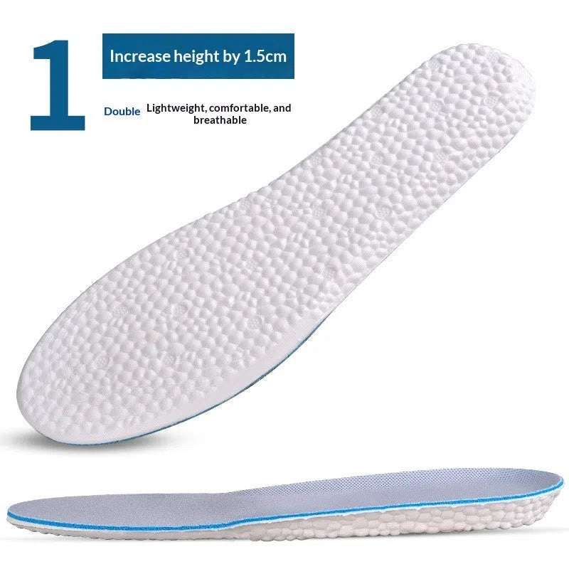 Pair of men's EVA height increasing insoles with full cushion surface and hard base in multiple lift heights
