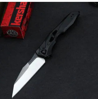 Black folding fruit knife with D2 steel blade and aviation aluminium handle shown open