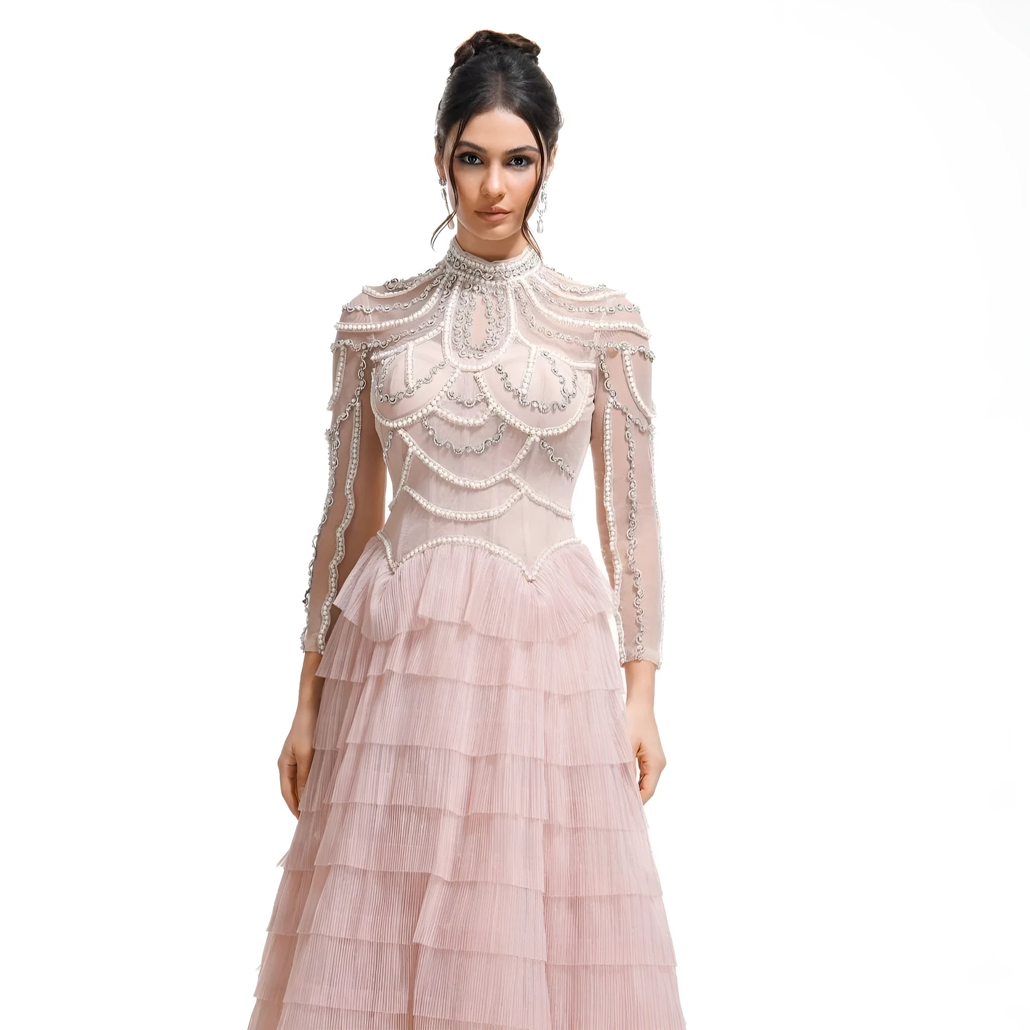 Women's black beaded long sleeve evening dress with full-length skirt and mid-waist design