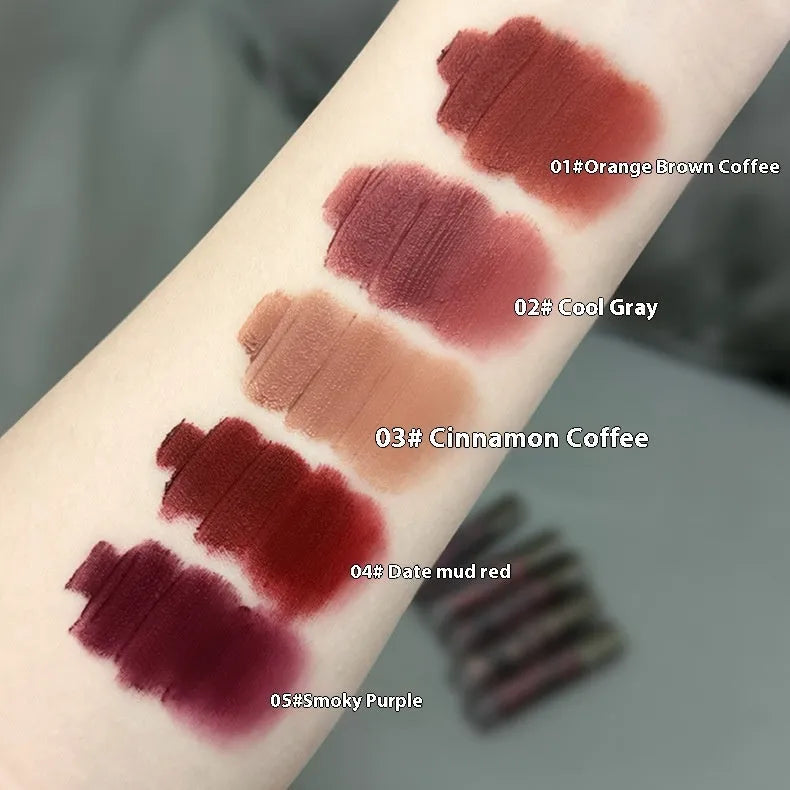 Lava Secret Matte Lip Mud Lipstick in five colour shades: orange brown coffee, cool grey, cinnamon coffee, jujube red, smoked purple.