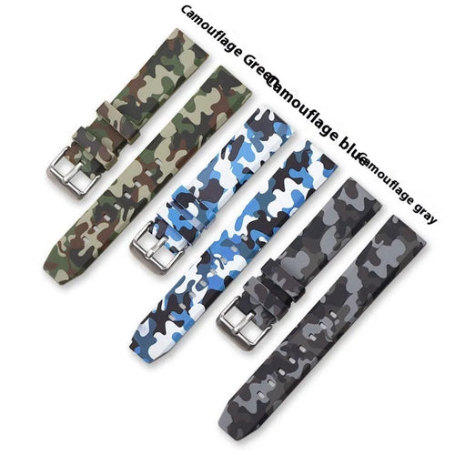 Green camouflage silicone watch strap for flat head watches, shown next to blue and grey pattern options