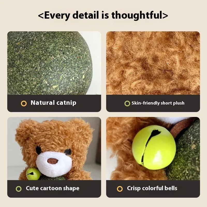 Plush catnip ball toy with bell in animal designs for kitten biting relief
