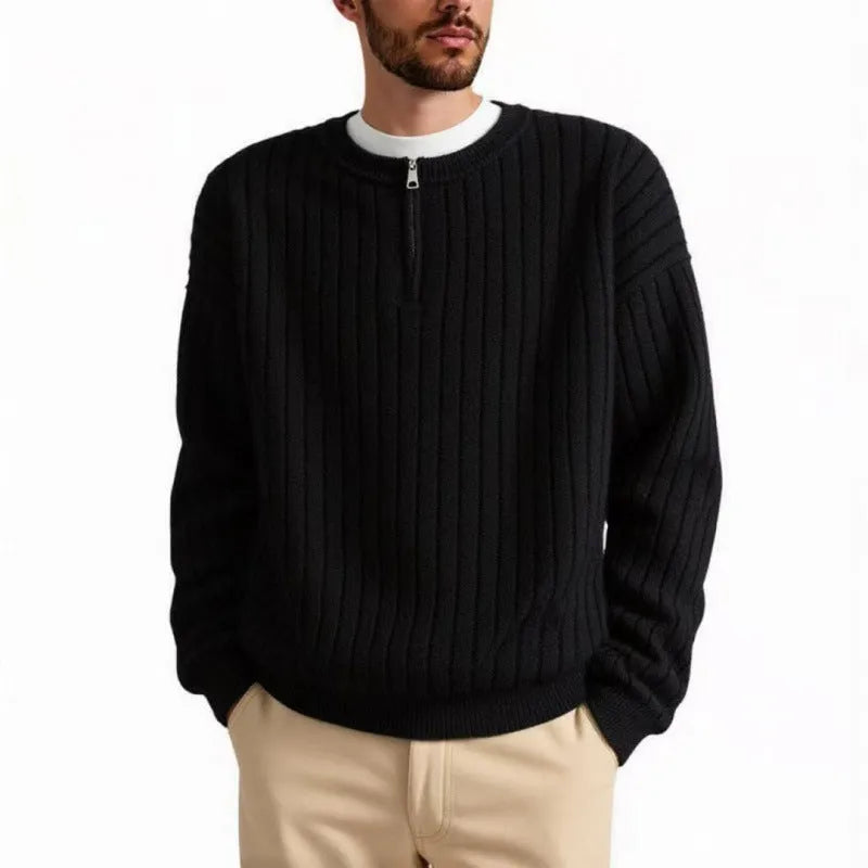 Men's grey half zip pullover sweater with texture knitting and loose fit design