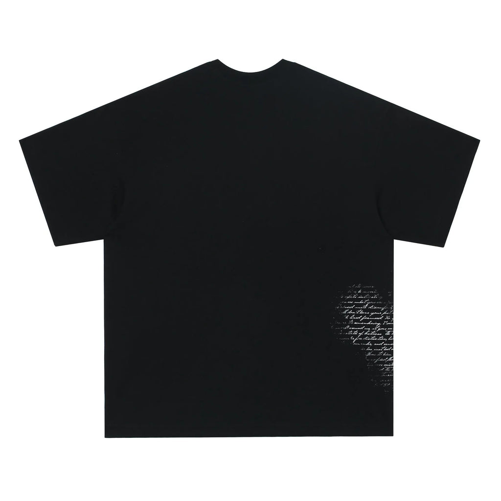 American retro hip hop gothic letter print on a black short sleeve cotton T-shirt.