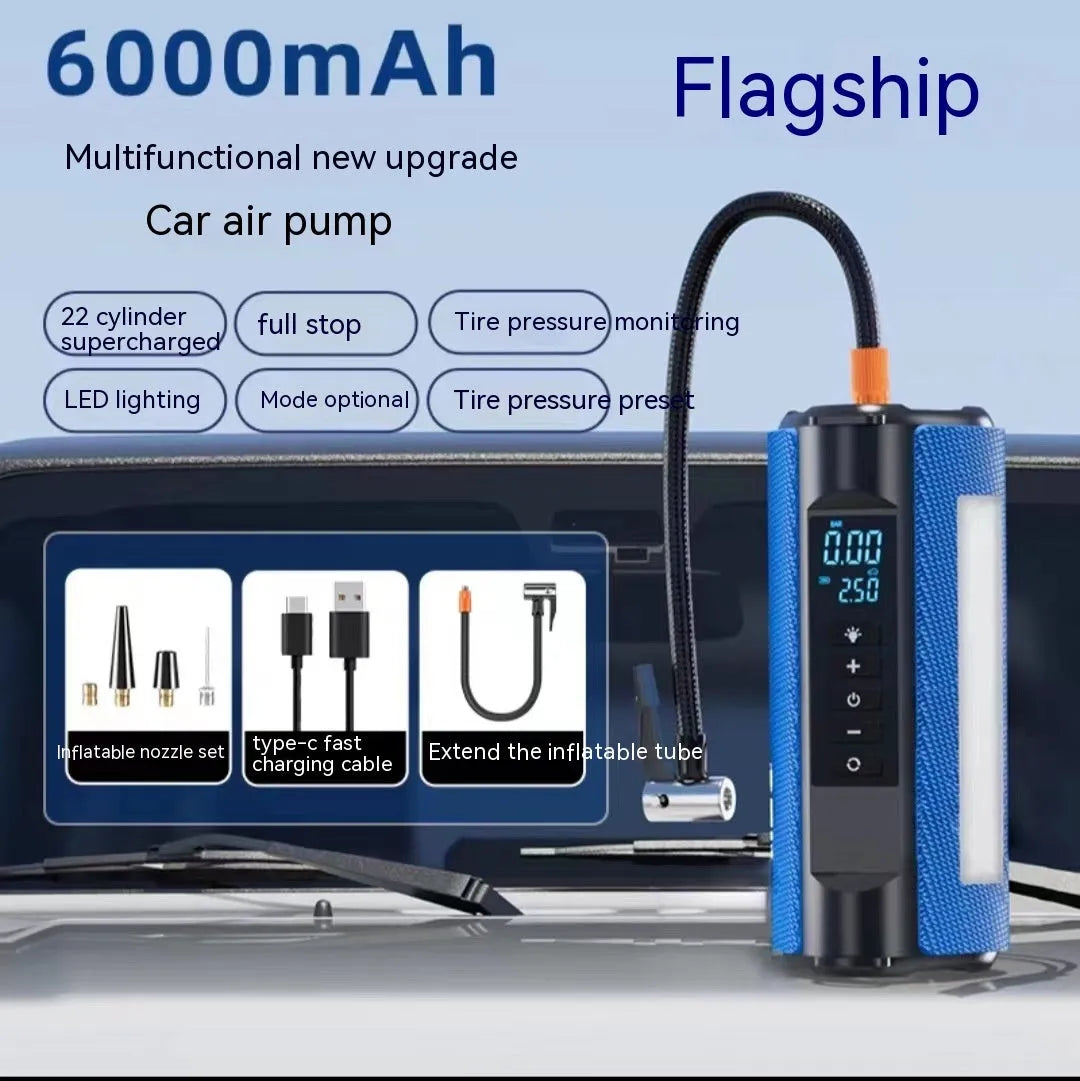TS01 portable electric car tyre inflator with digital display, LED light, and hose on a grey background.