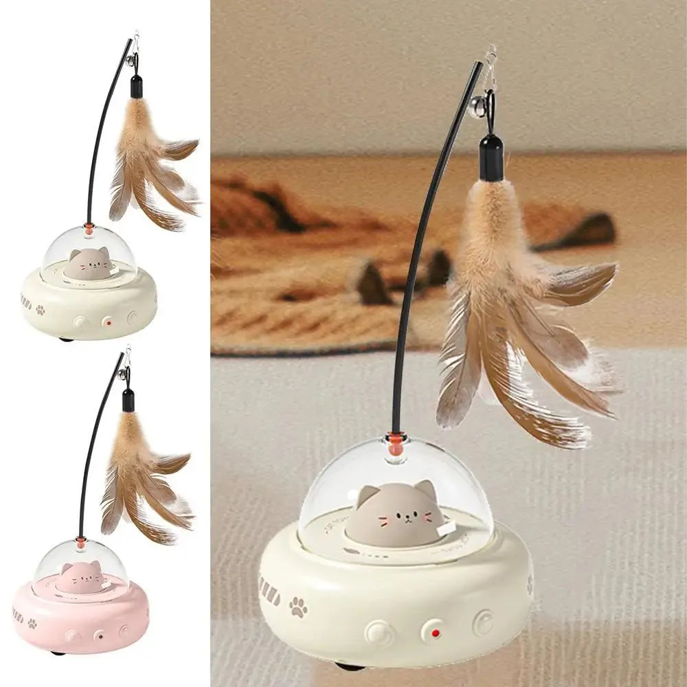 Electric cat interactive toy with pink feather wand and red light beam on a white floor