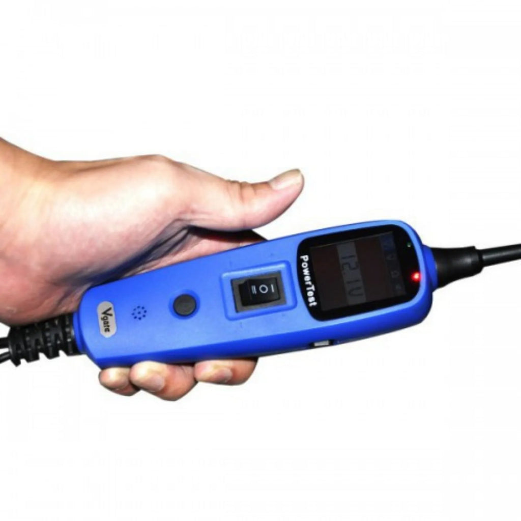 Blue automotive circuit test pen with colour display, extension cable, and protective case for vehicle electrical diagnosis