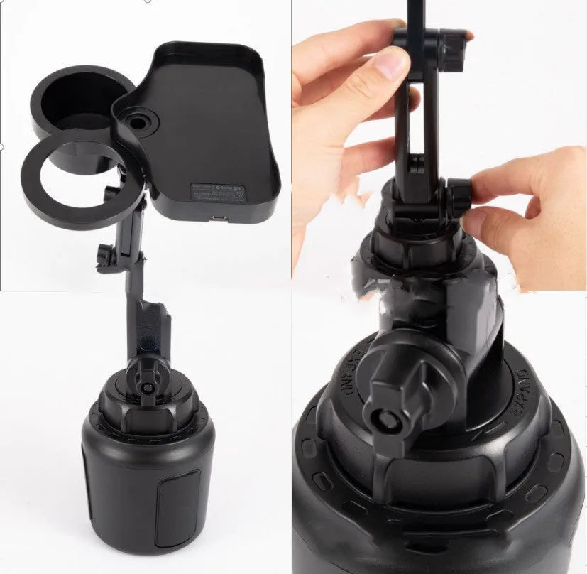 Black car cup holder with wireless charging pad and USB outlet, placed on a vehicle instrument panel.