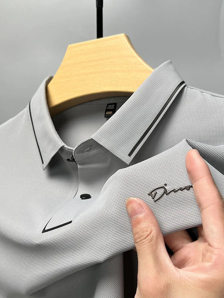 Men's ice silk short sleeve shirt collar summer polo shirt, loose fit, solid colour, nylon fabric, casual top