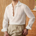 White open collar hollow breathable 100% cotton long-sleeved casual shirt for men