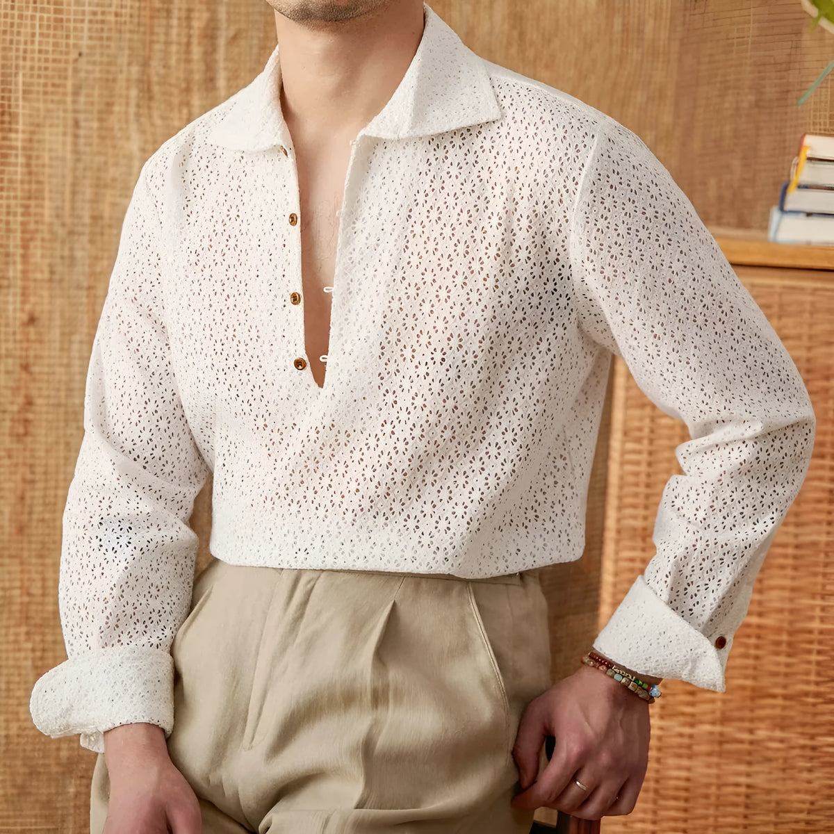 White open collar hollow breathable 100% cotton long-sleeved casual shirt for men