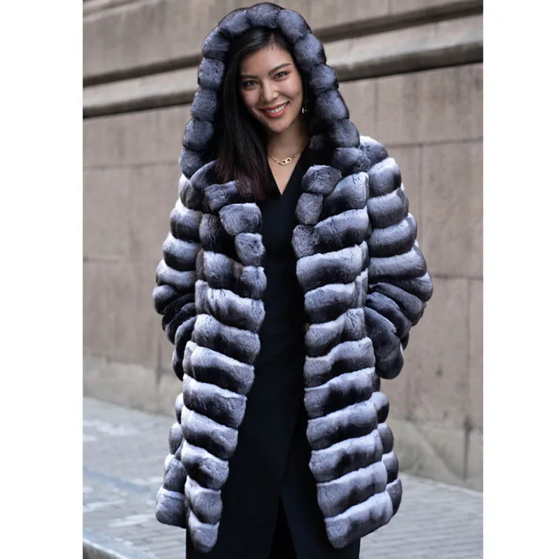 Women's zebra stripe faux mink overcoat with regular sleeves and medium length