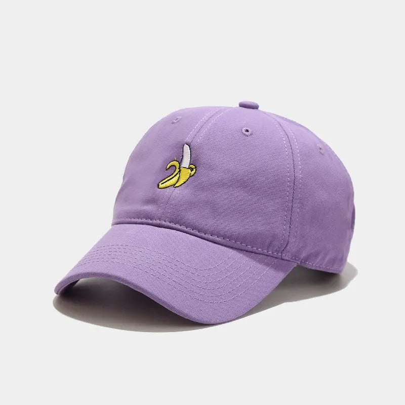 Curved dome crown baseball cap with embroidered banana fruit design in multiple colours