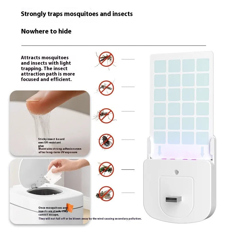 Home UV LED mosquito killer lamp with ABS shell, 80x36x95mm, USB plug-in, and five adhesive boards for indoor insect capture