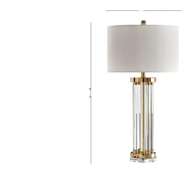 Postmodern luxury crystal column table lamp with remote control on wooden table, 77cm tall
