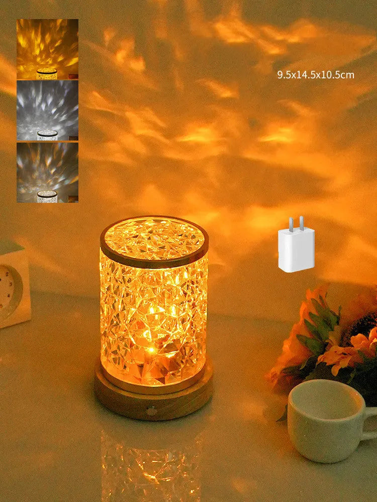 Rotating water ripple small night light with acrylic dome on solid wood base for bedroom use