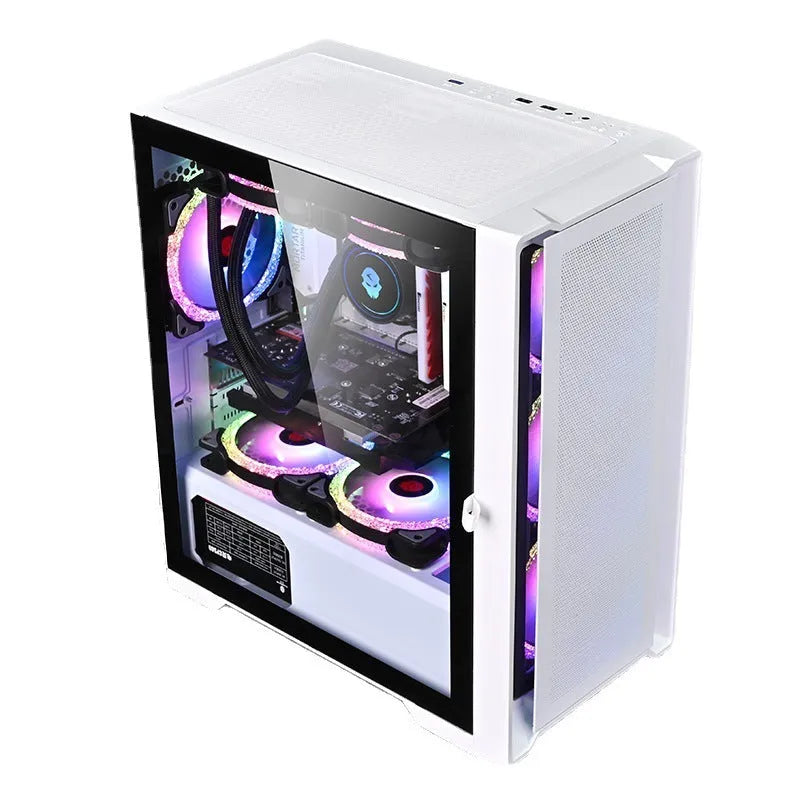 Wide body tempered glass computer case in black, vertical ITX chassis with USB 3.0 front panel