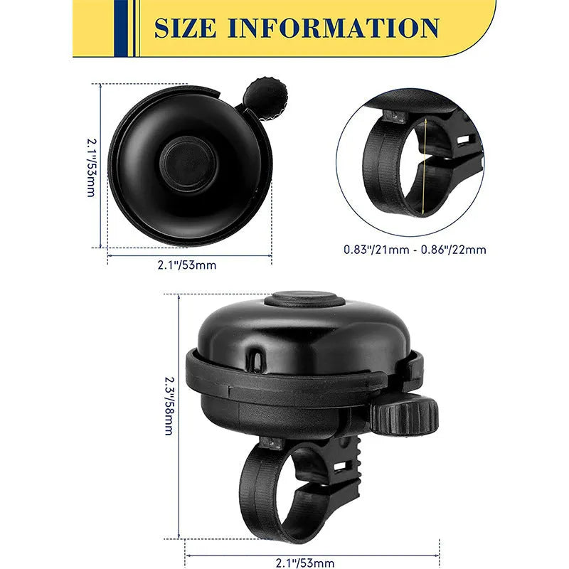 Black ABS plastic bicycle bell with 58mm diameter for mountain bike and road cycling handlebars