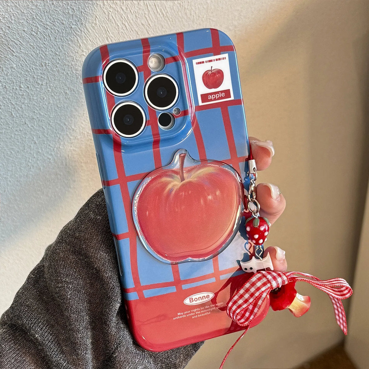 Color-block checkered 3D fruit print full-coverage phone case with little cat pendant for iPhone blue red grid