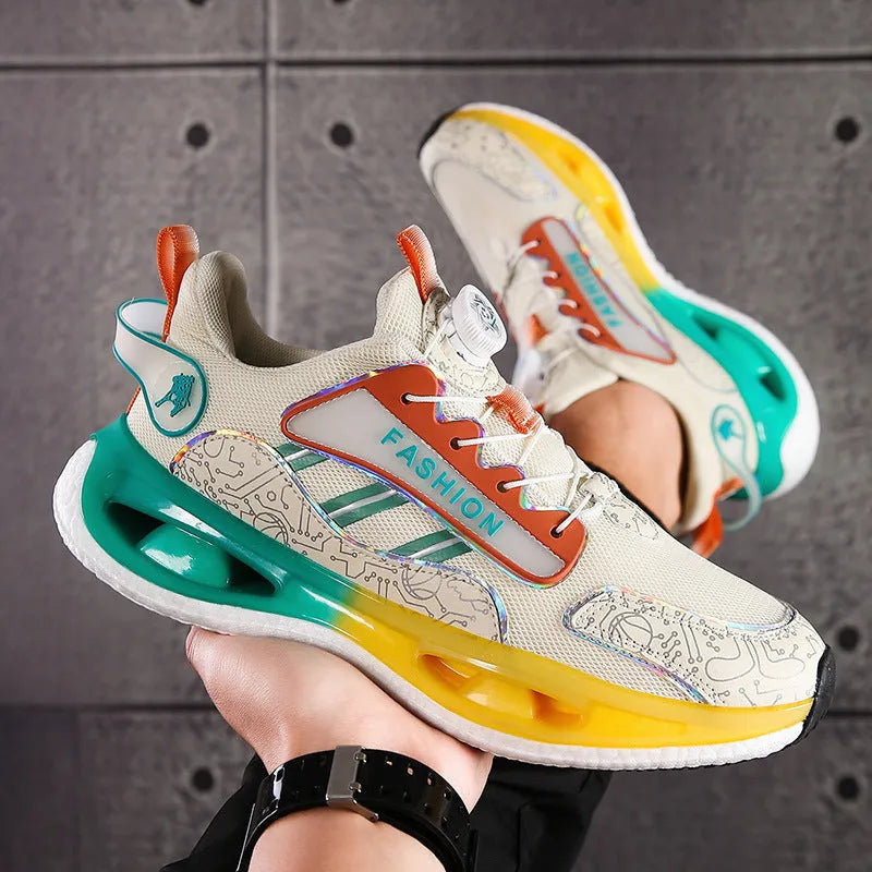 Men's low-top mesh sports shoes in beige orange with an elastic band fastening and a textured Popcorn TPU sole.