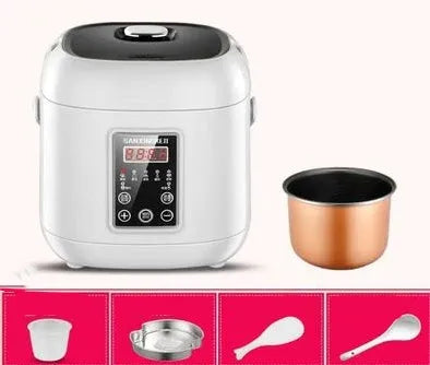 Compact round miniature rice cooker with steaming tray in blue, shown with non-stick liner and mechanical control panel.