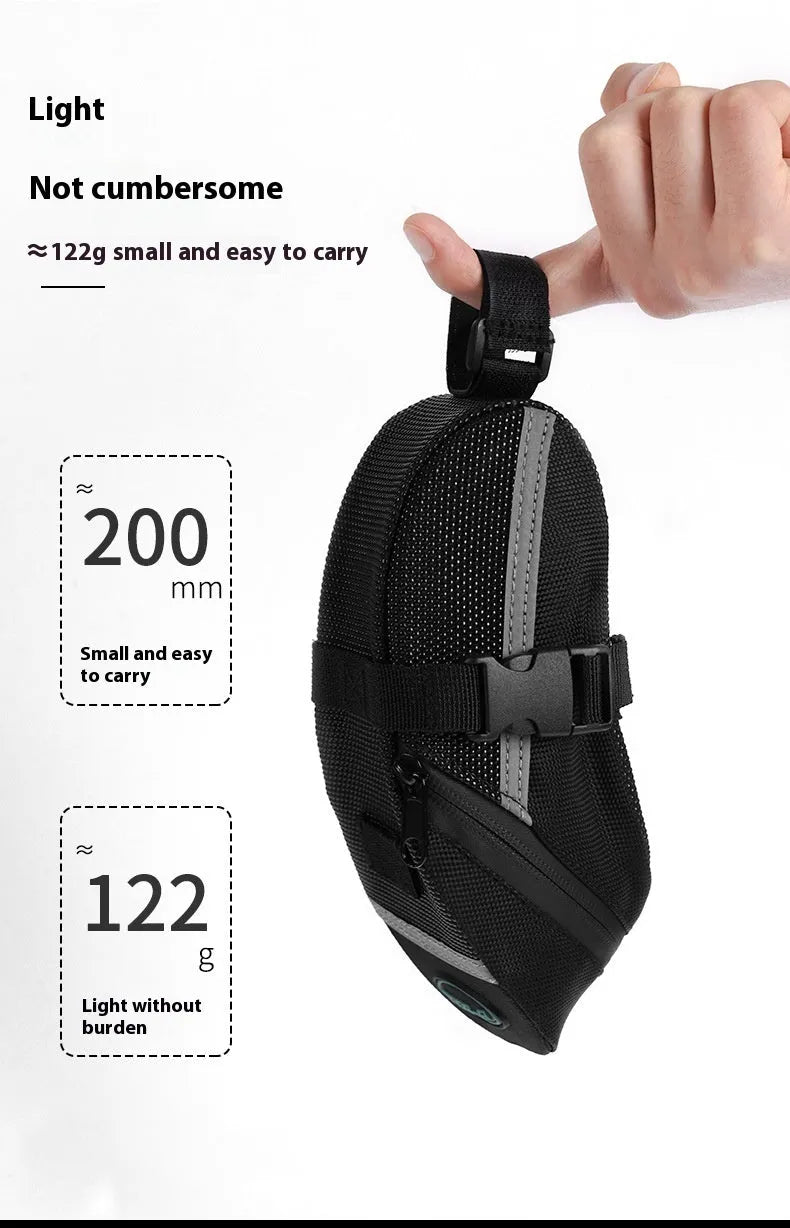 Black polyester bicycle saddle bag with quick release mount under a bike seat