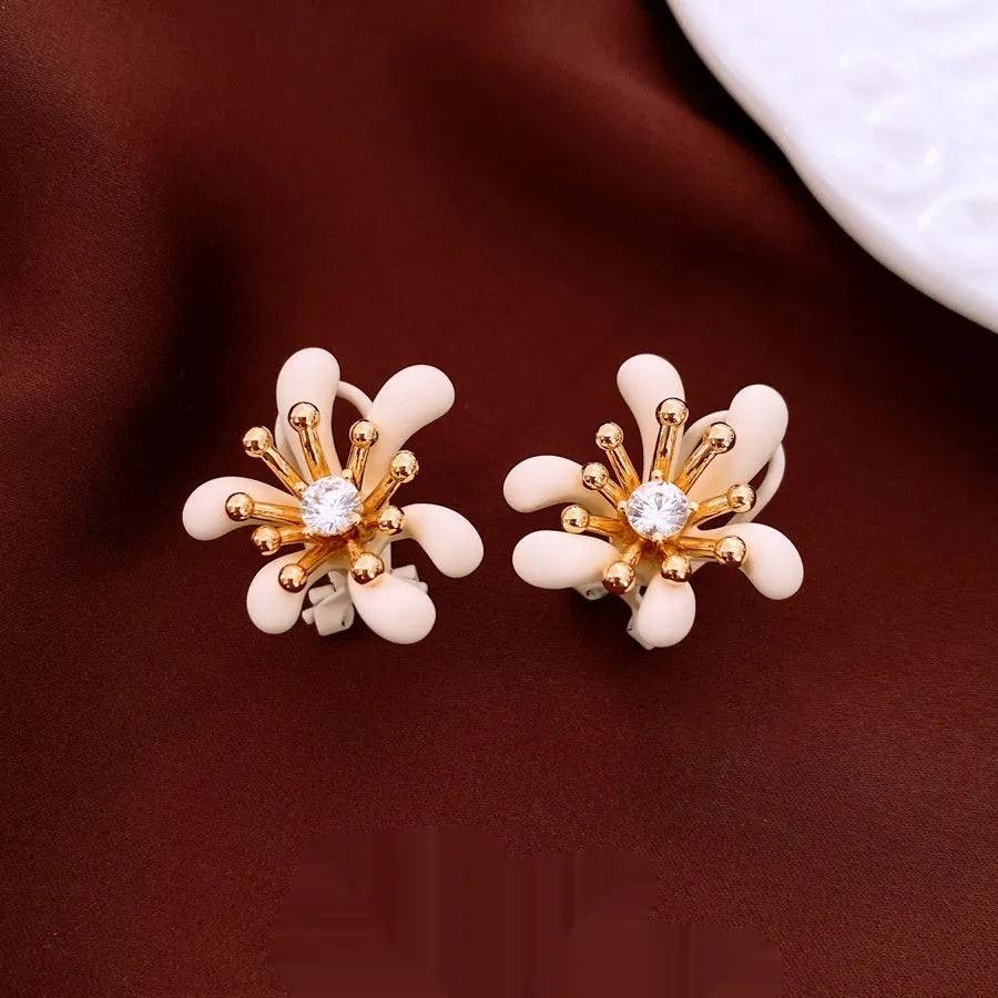 Real gold electroplated silver needle earrings with inlaid diamond and 3D flower shape, Coffee Color Gold option