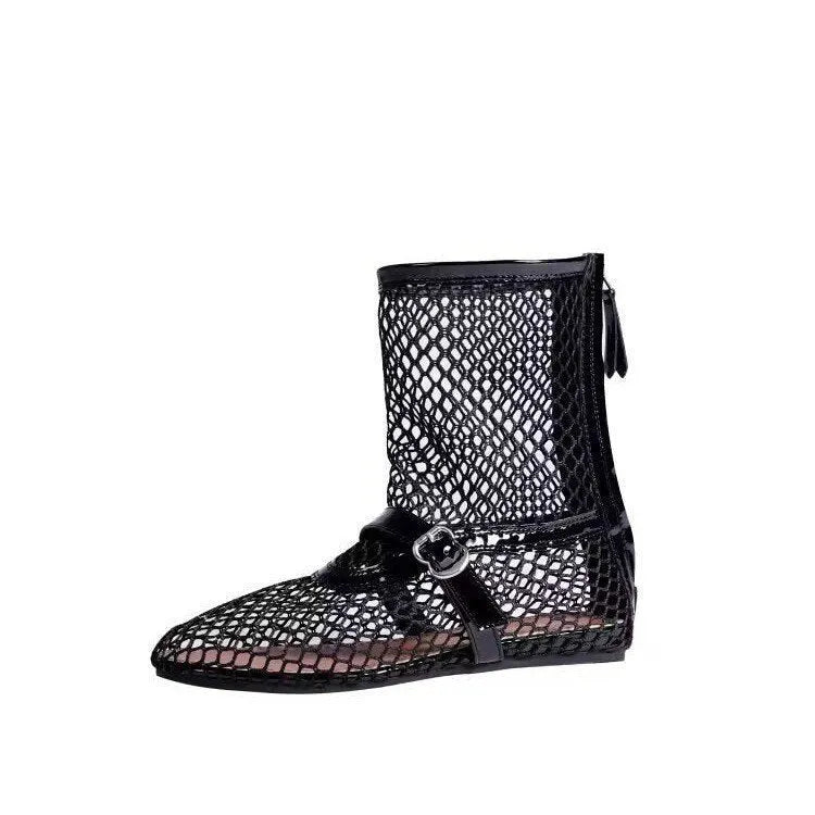 Black high top women's ballet shoes with metal buckle and back zipper PU upper round toe
