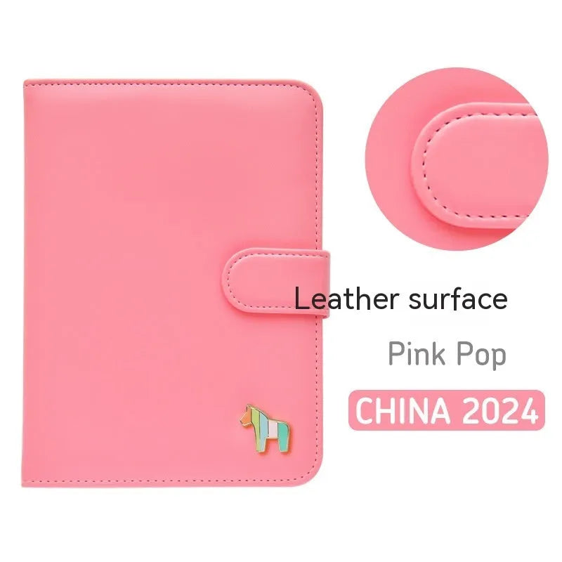 Leather schedule book showing 164x120mm dimensions with 396-day account pages and multiple colour options