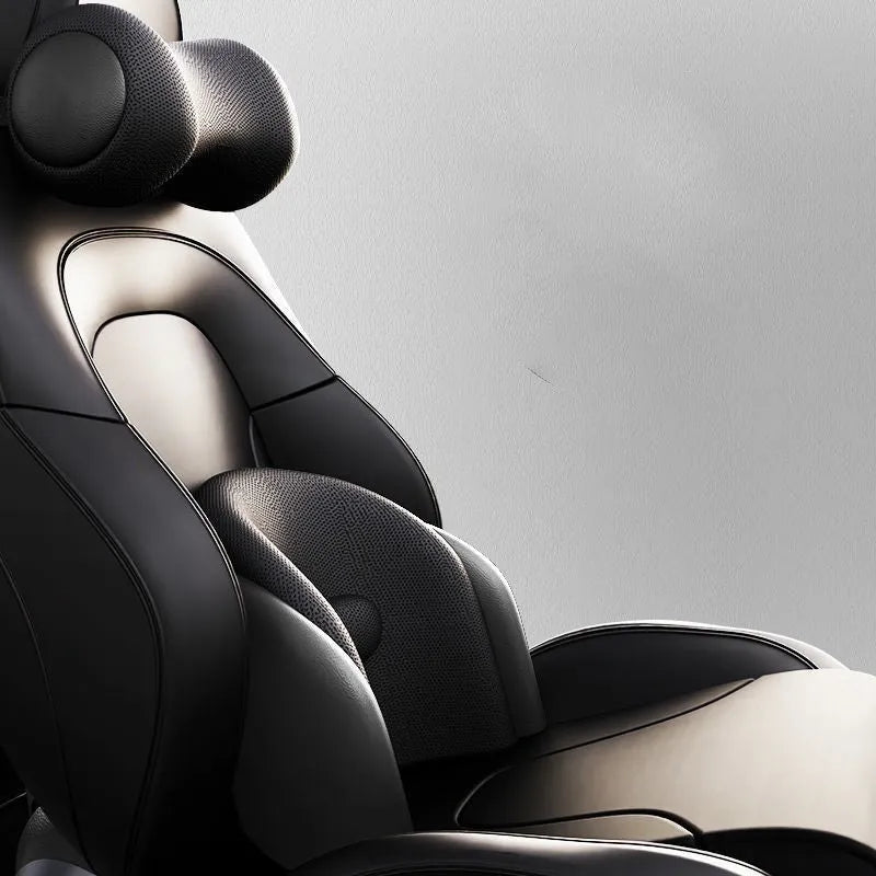 Car massage cushion with memory cotton in classic black colour showing headrest and lumbar support components