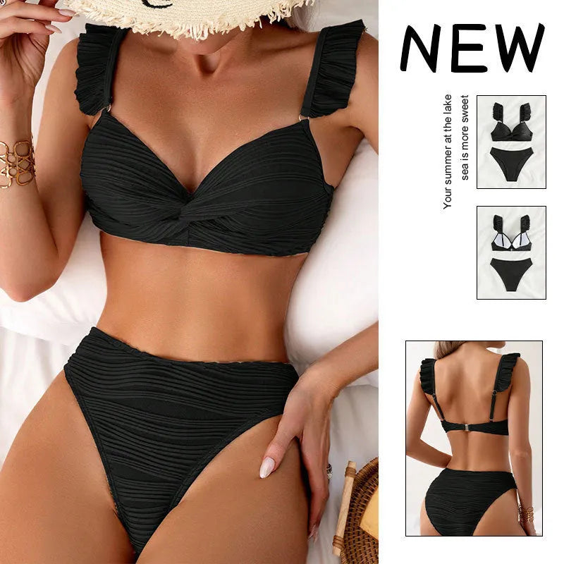 Solid colour women's bikini swimsuit in black or khaki made from polyester fabric