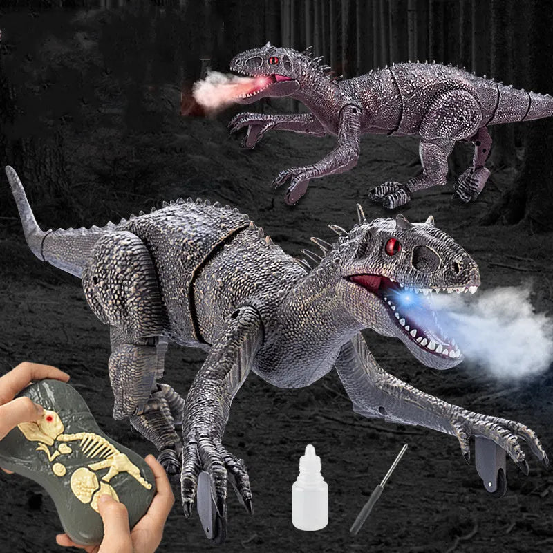 Remote controlled dinosaur model toy in grey with 3D eyeballs and roaring sound effect
