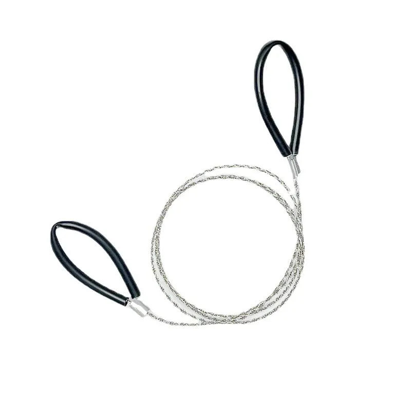 Compact black leather case containing a coiled red steel wire survival saw for outdoor use.