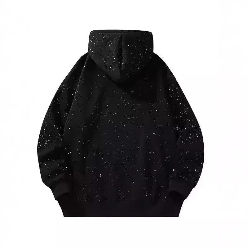 Black starry hooded sweater with letter pattern, loose fit, for men and women, polyester fibre, sizes M to 3XL