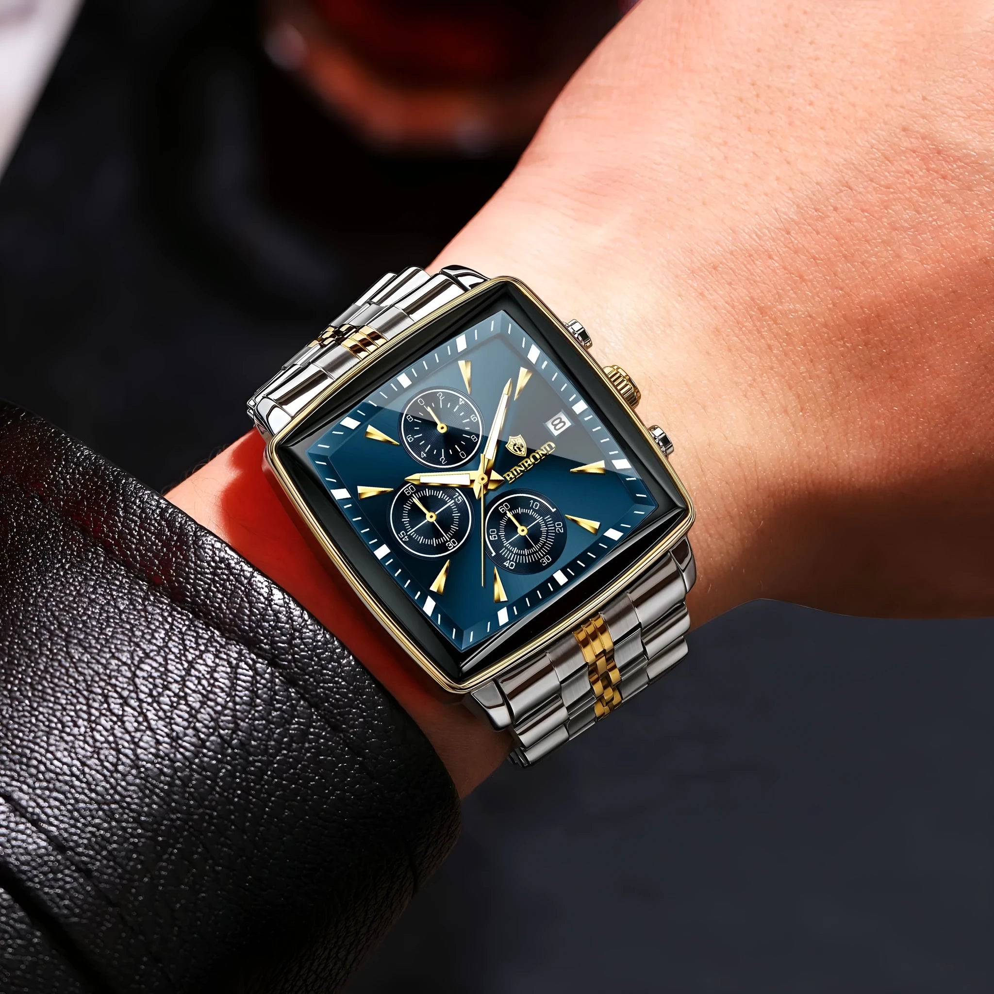 Men's rectangular quartz watch with luminous dial, stainless steel strap, and metal case in business styling