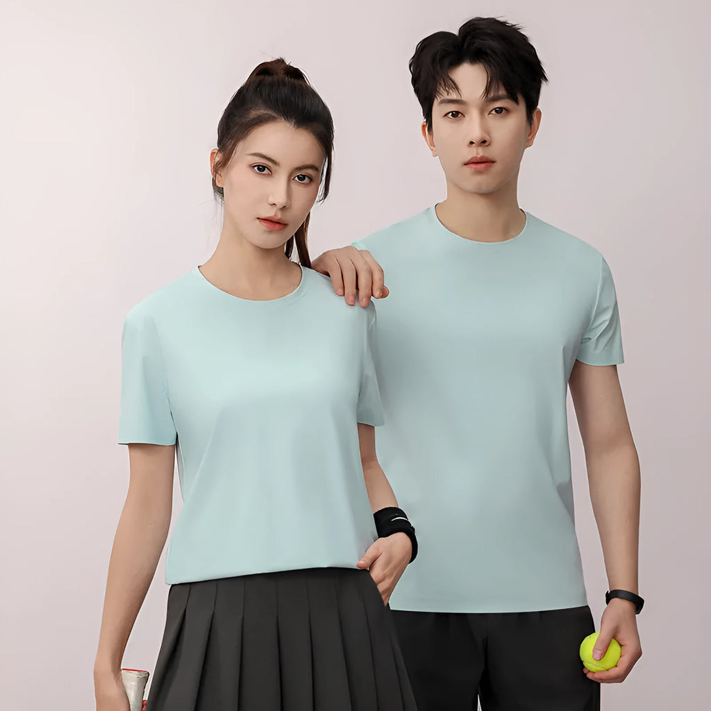 Ice Silk quick-dry antibacterial anti-UV slim-fit T-shirt in solid colours on a hanger.