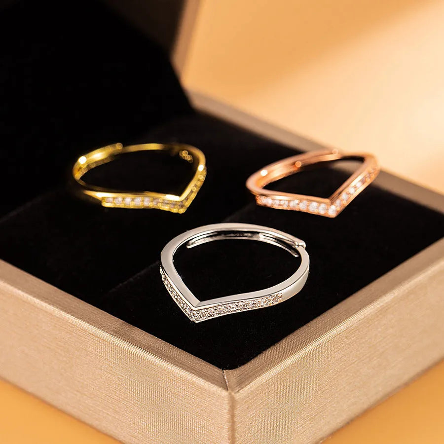 V-shaped adjustable ring for women with zircon inlaid detailing in white gold finish
