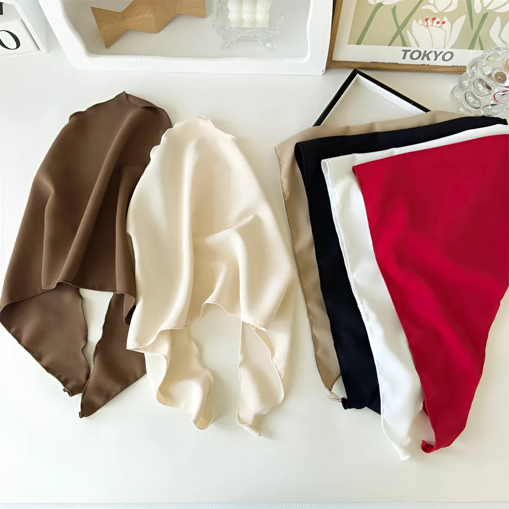 Women's solid colour cloth fabric triangle headscarf in Khaki tied around head