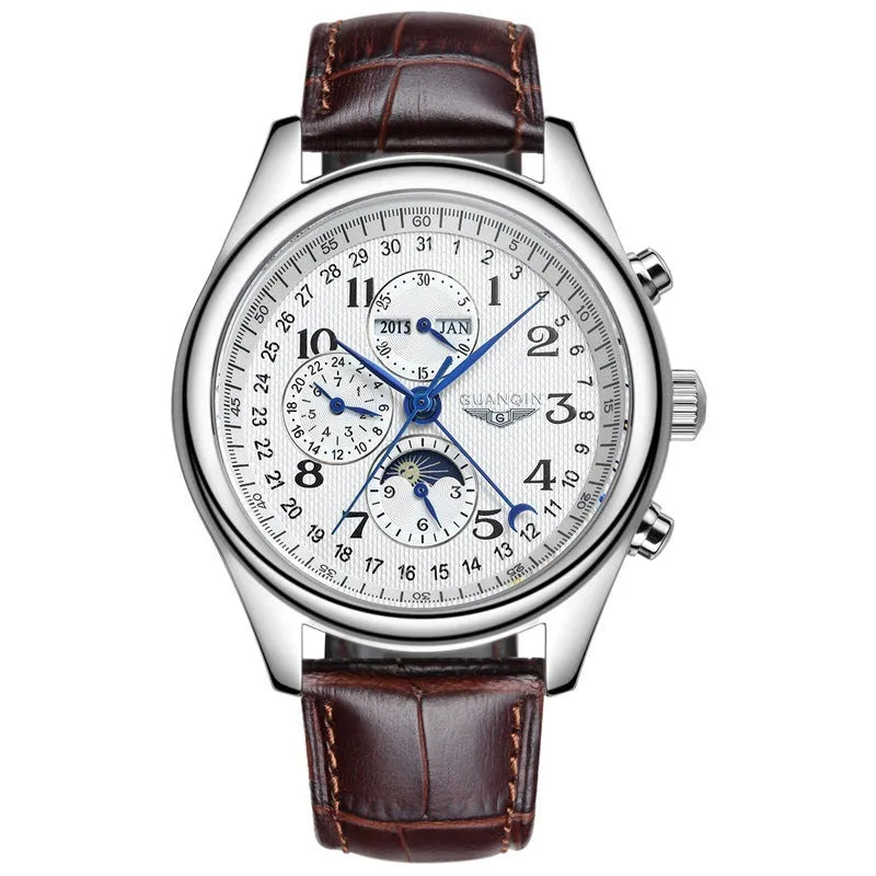 Men's mechanical perpetual calendar watch with moon phase display and luminous hands